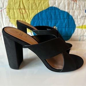 call it spring black vegan block heel mules / size 9